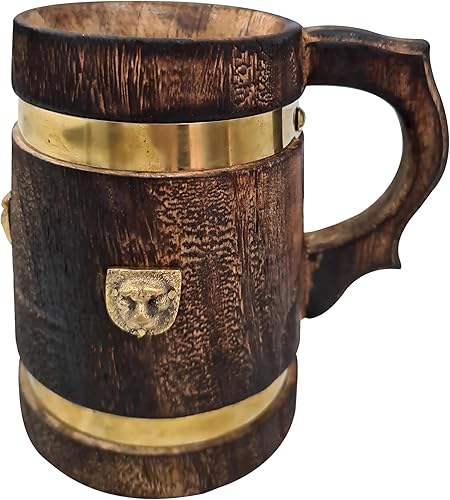 Miniatura 7 de collectiblesBuy Taza de cerveza de madera hecha a mano con placa de león de latón, jarra rústica estilo medieval Stein para cerveza, café, té,