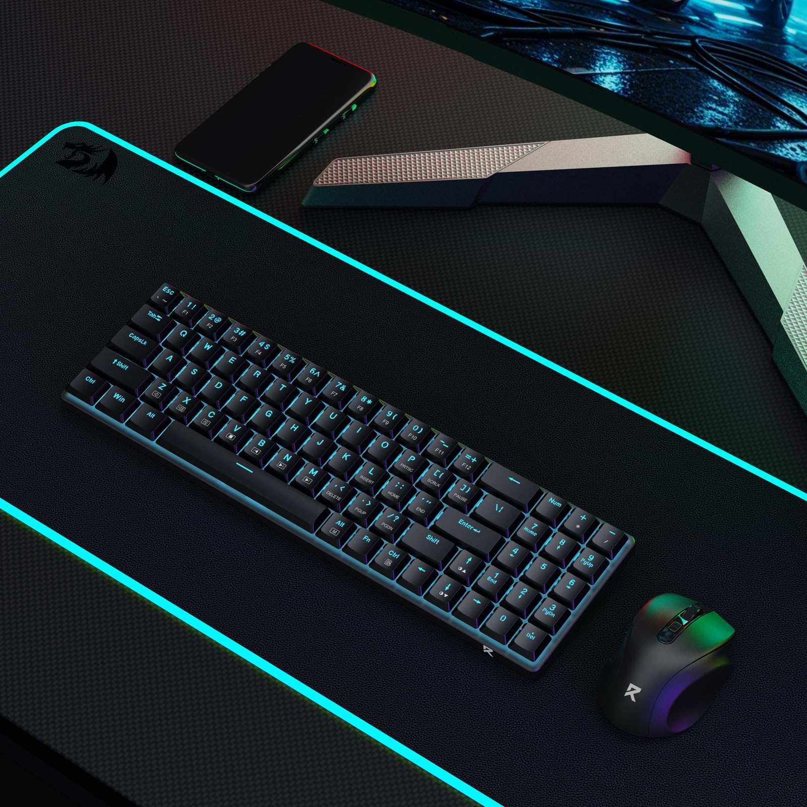 Redragon BS8773 Combos de teclados y ratones inalámbricos para juegos, 78 teclas, 2,4 GHz, teclado mecánico con interruptores marrones, diseño delgado y compacto con retroiluminación azul, ratón 2400