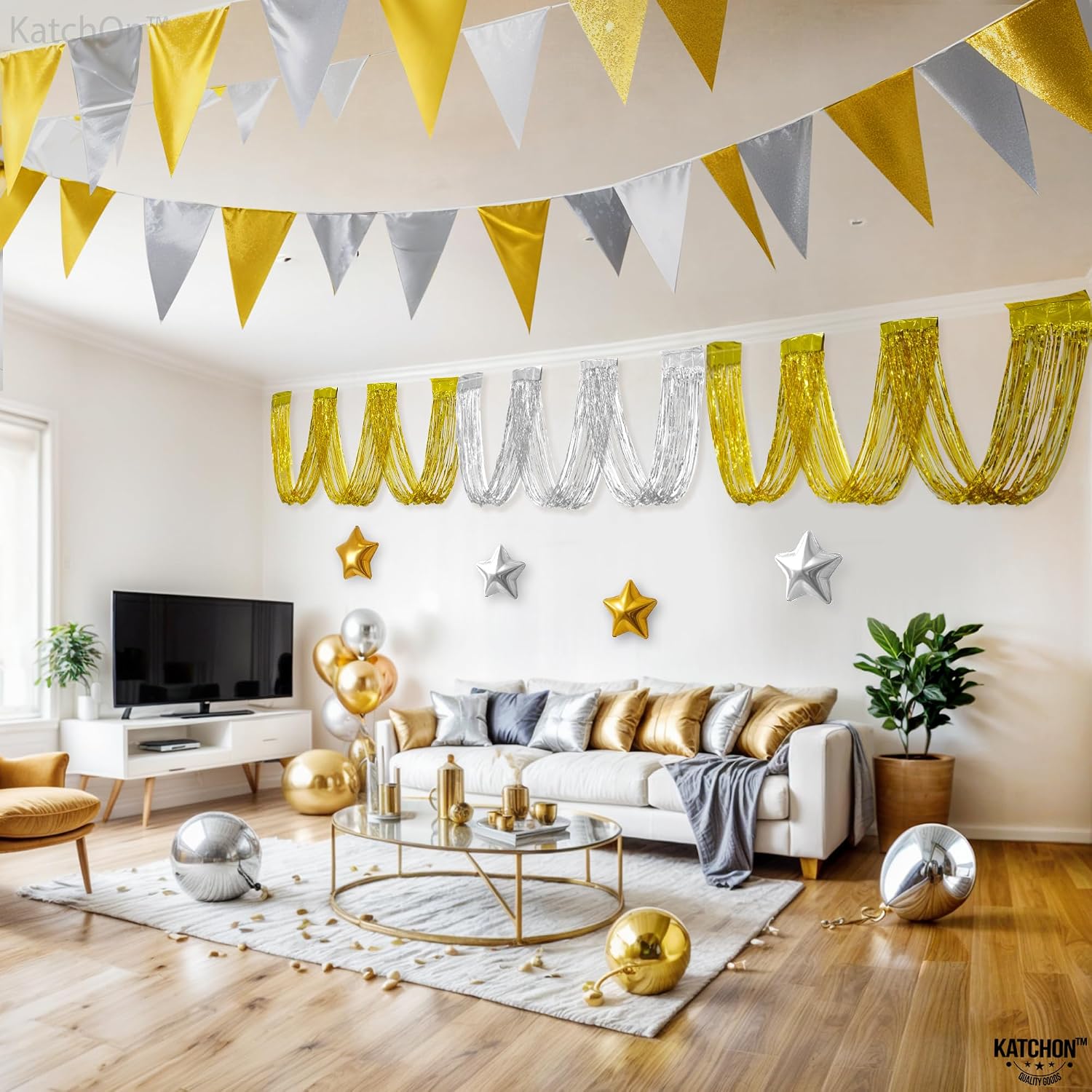 KatchOn, Silver and Gold Fringe for Ceiling Party Decorations - XtraLarge, 1x15 Feet, Pack of 3 | Gold and Silver Ceiling Fringe for Overhead Decorations, Weddings, Graduation Decorations 2026