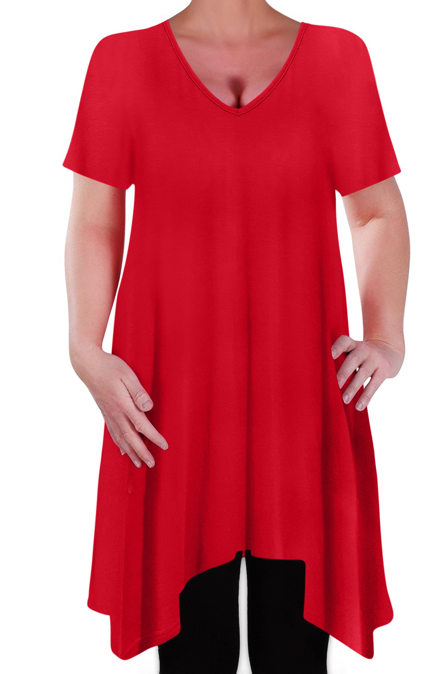 Eye Catch Women's Red - Olivia Casual V Neck Long Tunic Uneven Hem Plus Size Fla Top Size 22-24