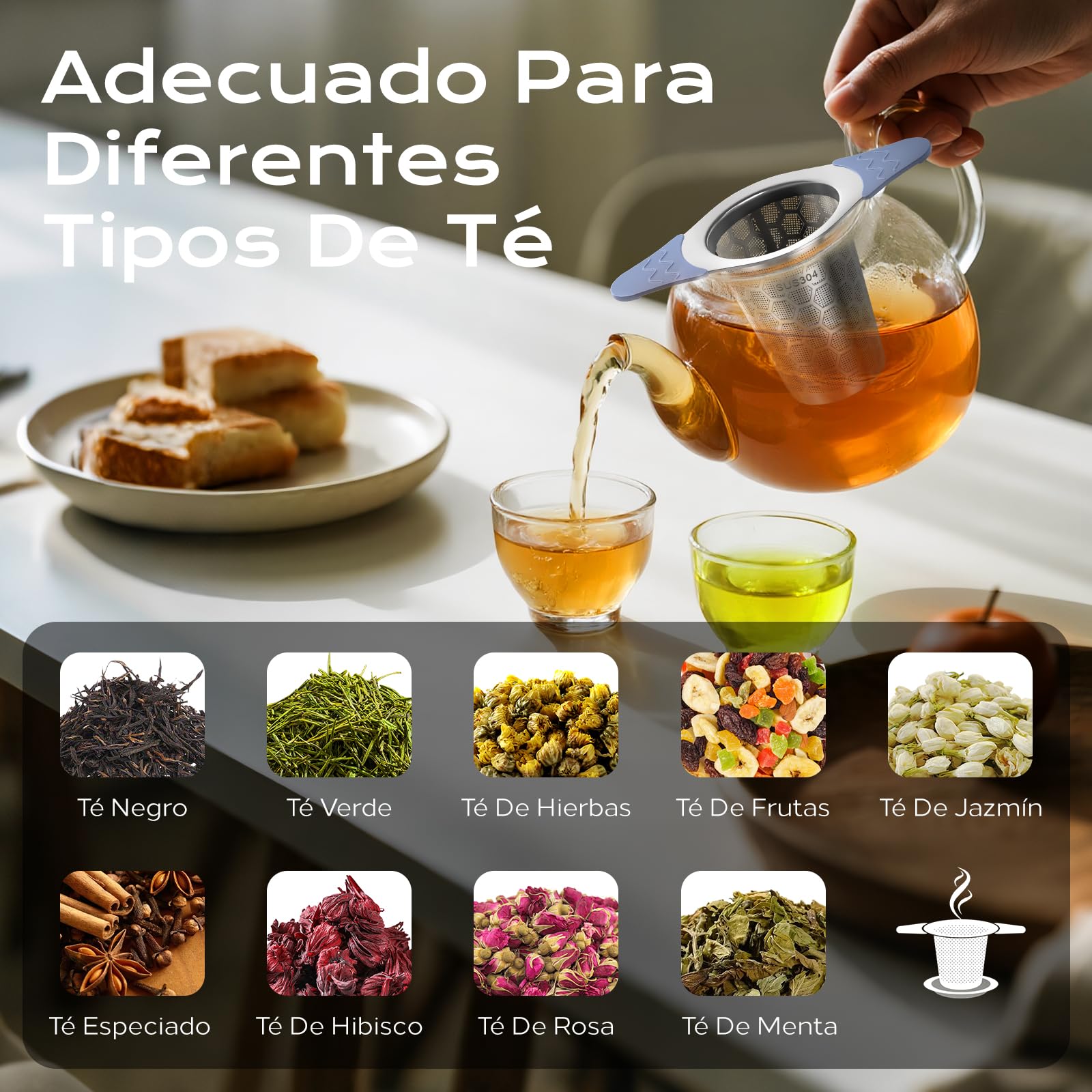yomanta infusor de te 304 Acero Inoxidable，Coladores de té para té suelto，Con tapa y asa de silicona resistente al calor，Apto para teteras, tazas de té y tazas