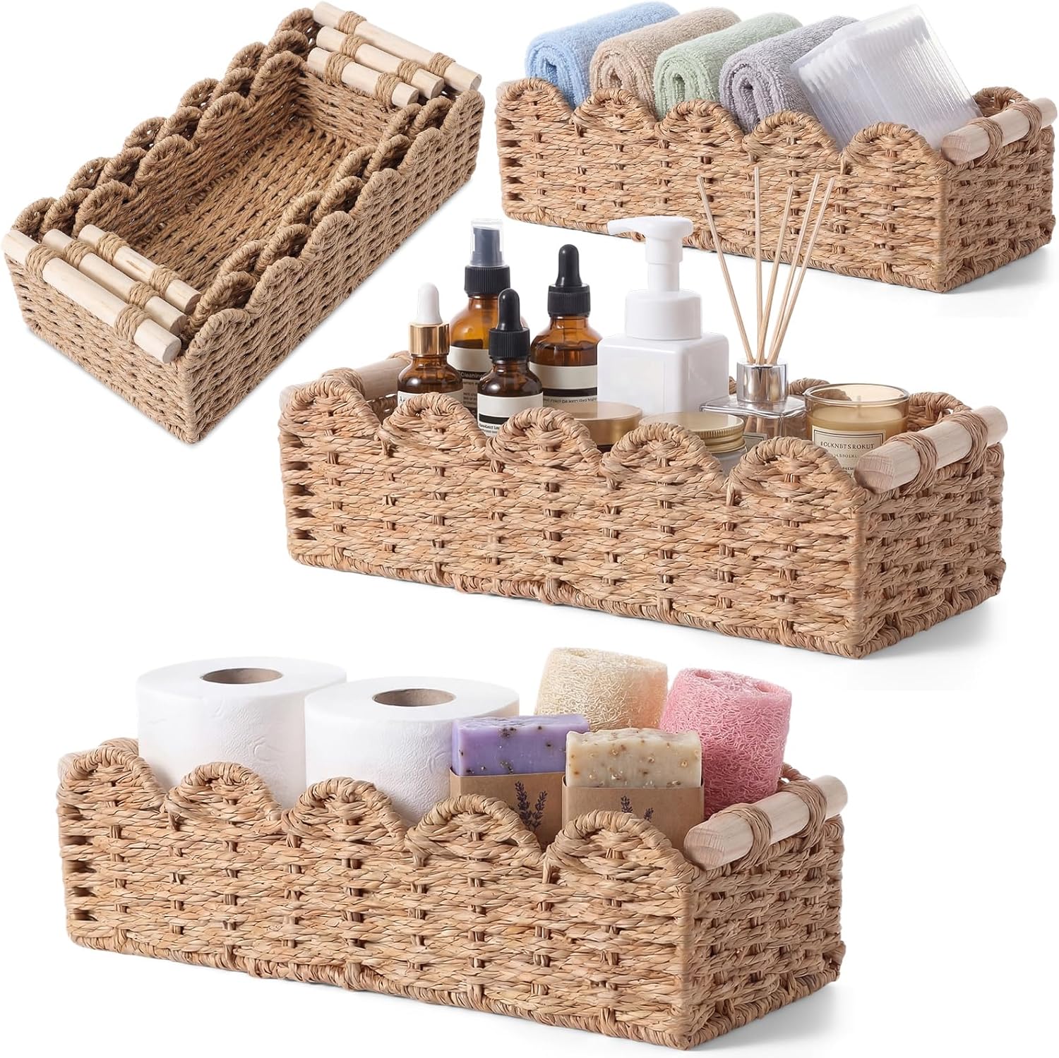 3 Pcs Scalloped Toilet Paper Basket Paper Rope Woven Basket for Organize with Handle Decorative Storage Bins for Bathroom Toilet Tank Top(Sage Green)