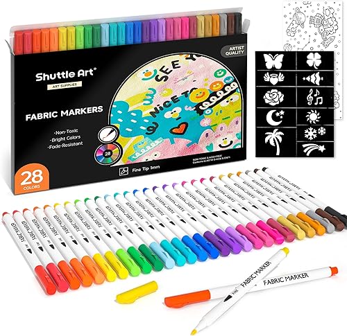 Shuttle Art Marcadores de tela de 28 colores, marcadores permanentes para ropa, tenis, jeans, con 11 plantillas, 1 hoja de tela, bolígrafos de tela
