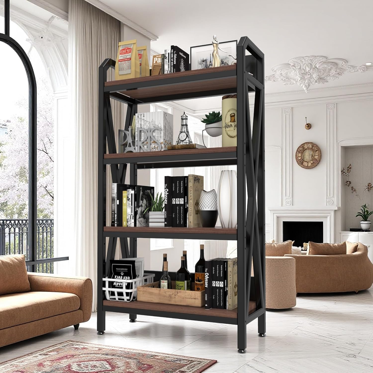4-Level Storage Shelves, Metal and Wooden Kitchen Shelves, Kitchen Organizers and Storage, for Garage, Pantry, Bathroom, Closet