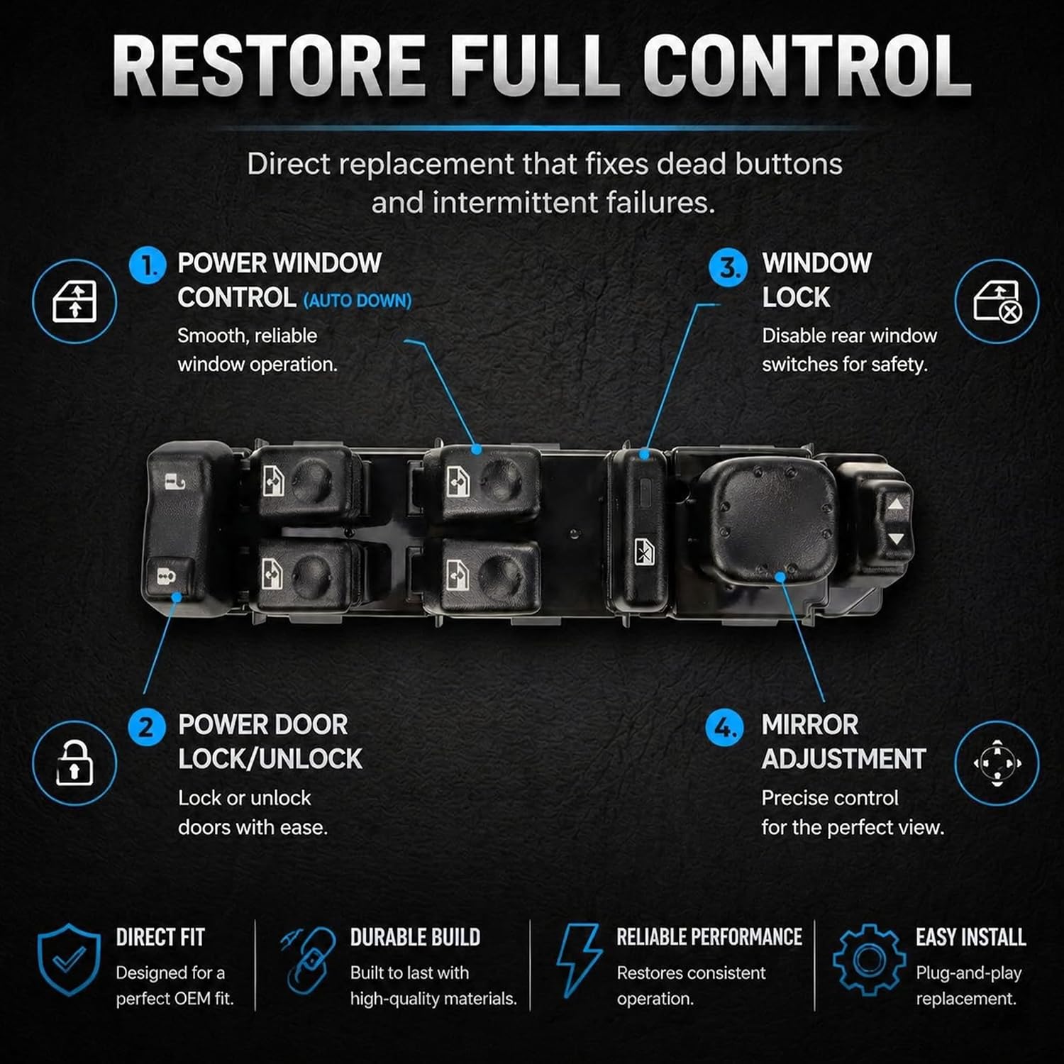 15883323 Master Power Window Switch Front Driver Door Control Without Bezel, Compatible with Silverado Sierra Tahoe Yukon Suburban Escalade 2003-2007, Replaces 901-075 with Pry Tool
