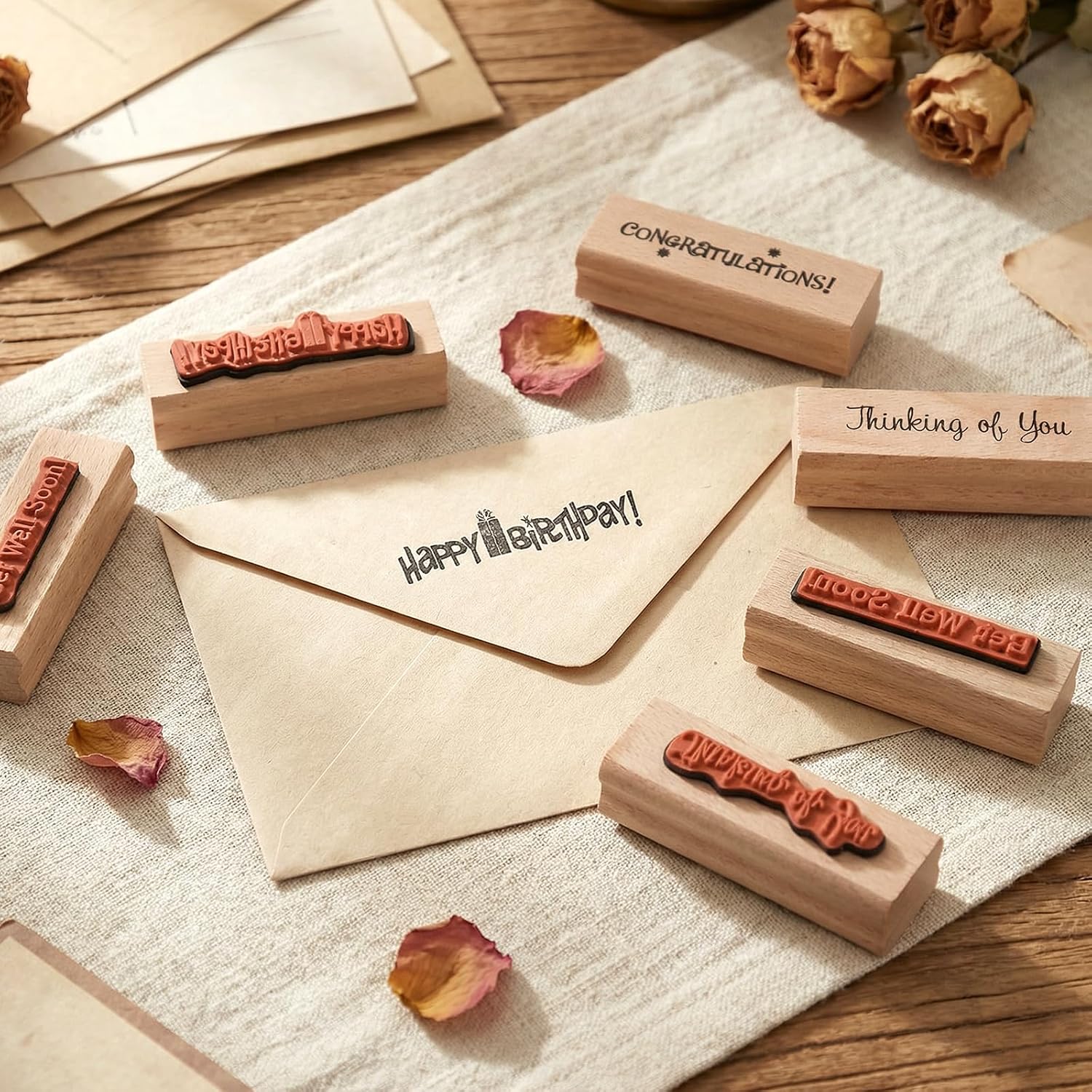 Wood Rubber Stamp Set, 7 Pcs Happy Birthday, Thank You, with Love, Merry Christmas, Handmade Sentiments, Vintage Floral Butterfly Designs for DIY Card Making, Scrapbooking, Gift Wrapping