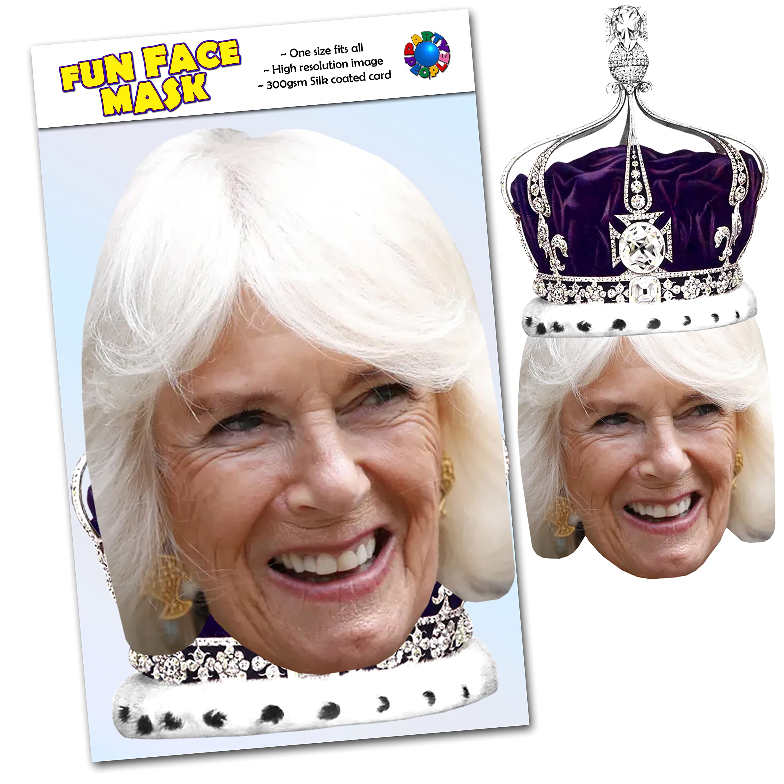 1 x Two Part Camilla Queen Consort and Coronation Crown Mask Pack - Celebrity Face Mask - Ready To Wear - Great Charles The 3rd 2023 Coronation Souvenir