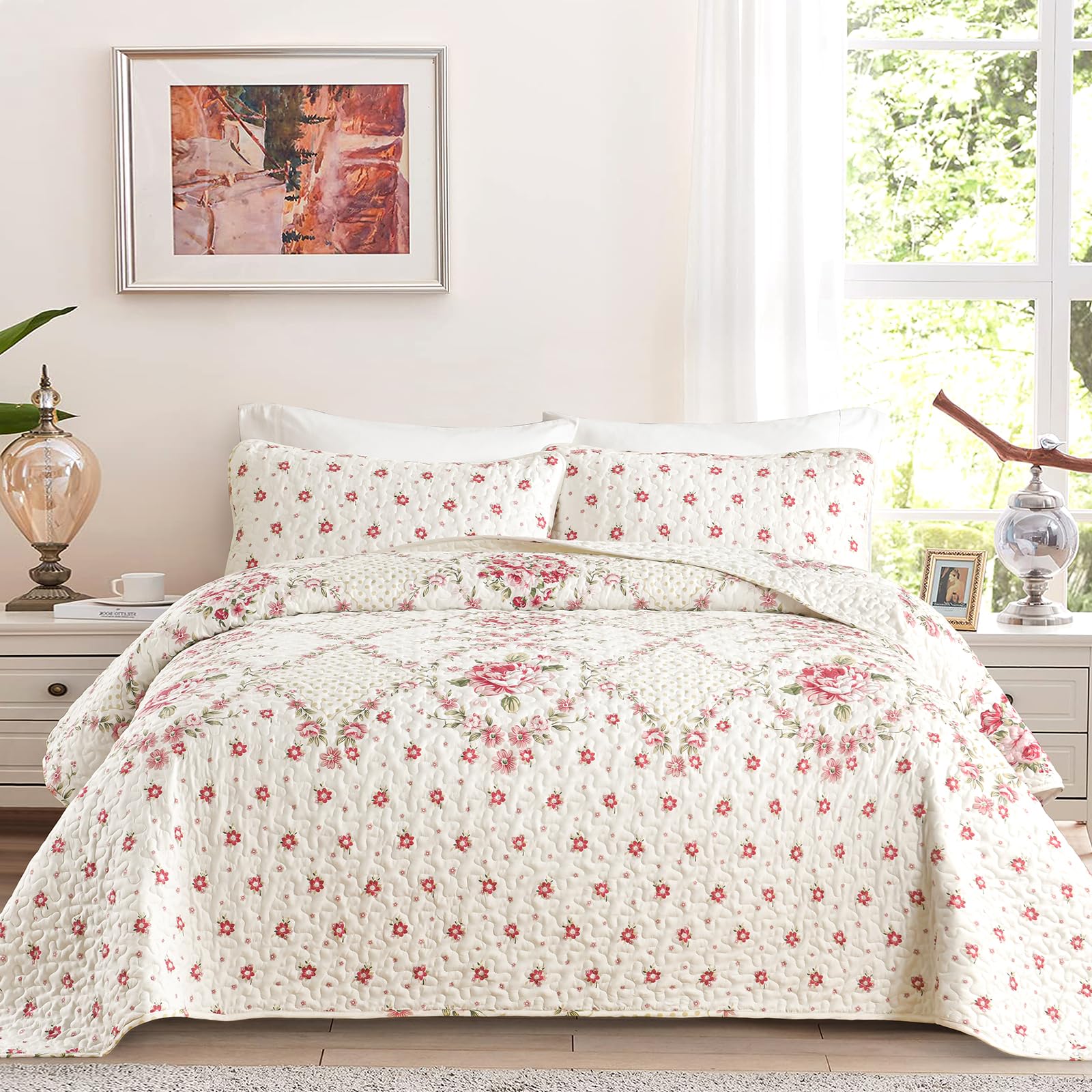 Menghomeus Blush Big Floral Quilt Set King Boho Patchwork Bedspread Floral Coverlet Reversible Bed Quilt Set All Season Soft Microfiber Bedding Farmhouse Garden Bed Sets, 104"x90"