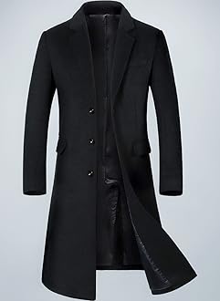 ebossy Men's Wool Blend Full Length Overcoat Single Breasted Long Coat with Flap Pocket