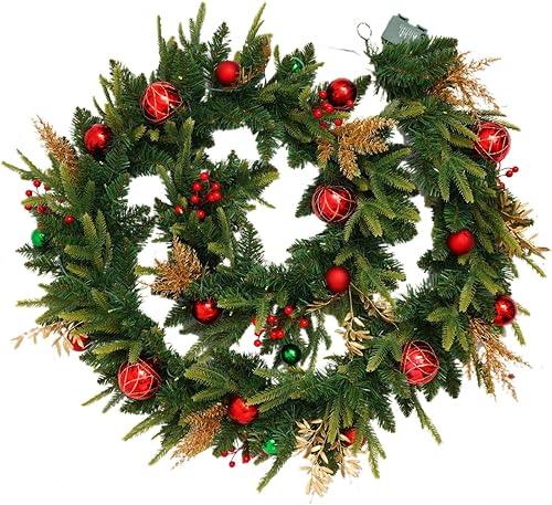 Miniatura 1 de Guirnalda de Navidad LED preiluminada de 9 pies con 20 bolas rojas, guirnalda de Navidad multifunción con 50 luces LED blancas cálidas para