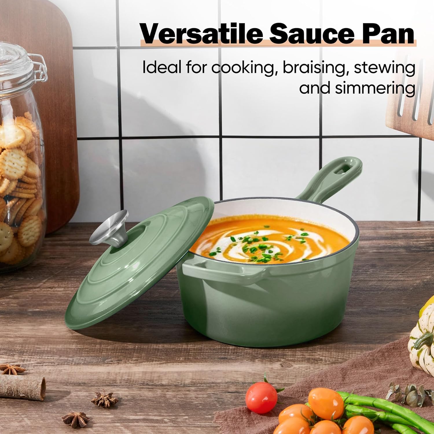 1 QT & 2 QT Saucepan Set, Homikit Enameled Cast Iron Saucepan with Lid for All Cooktops, Small Pot Mini Dutch Oven for Kitchen Cooking, Boiling, Nonstick & Heavy Duty, Sage Green