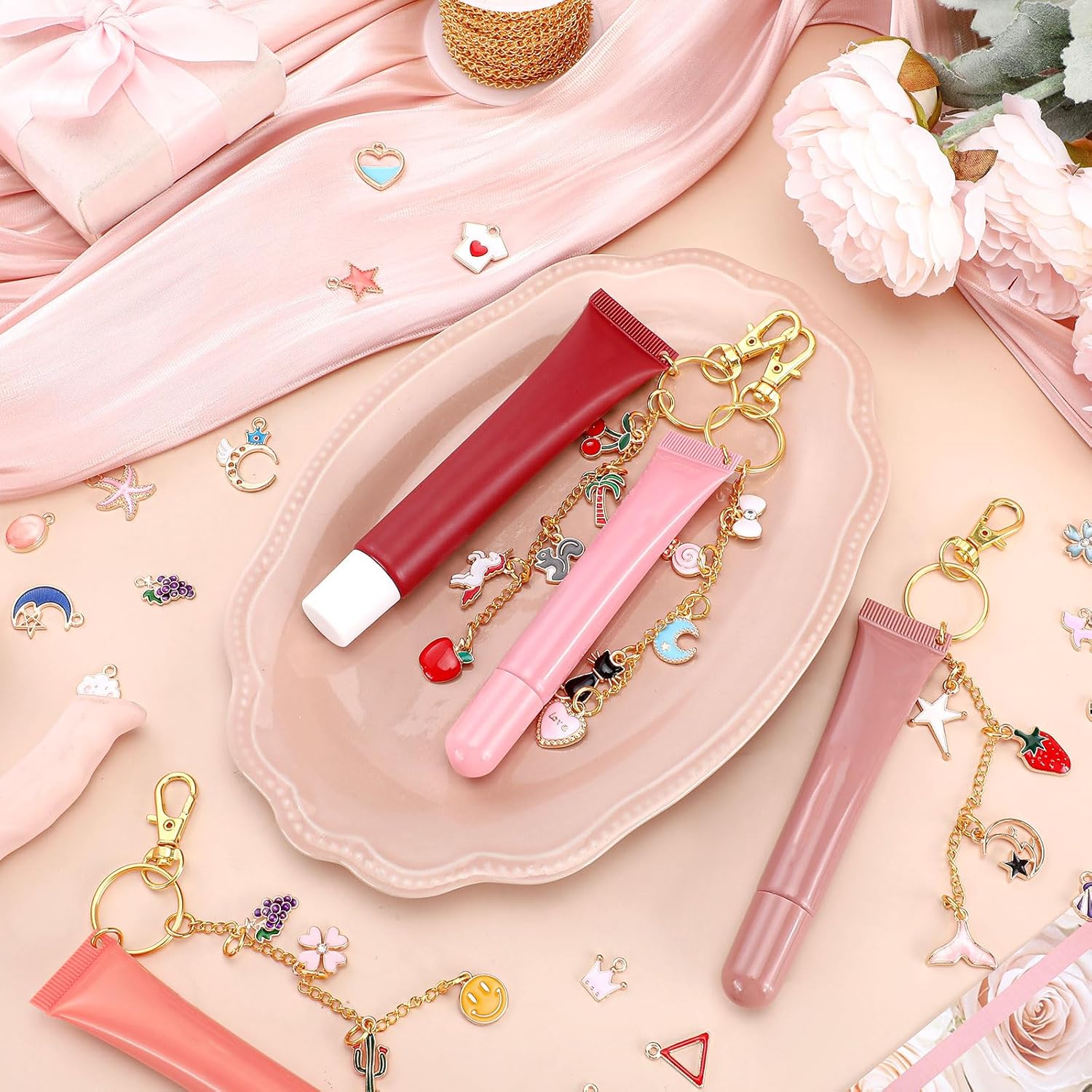 VioraWhite 213 Pcs Lip Gloss Keychain Making Kit 100 Pink Enamel Charms 32.81 ft Gold Chains for DIY Crafts Women(Stylish) - Image 5