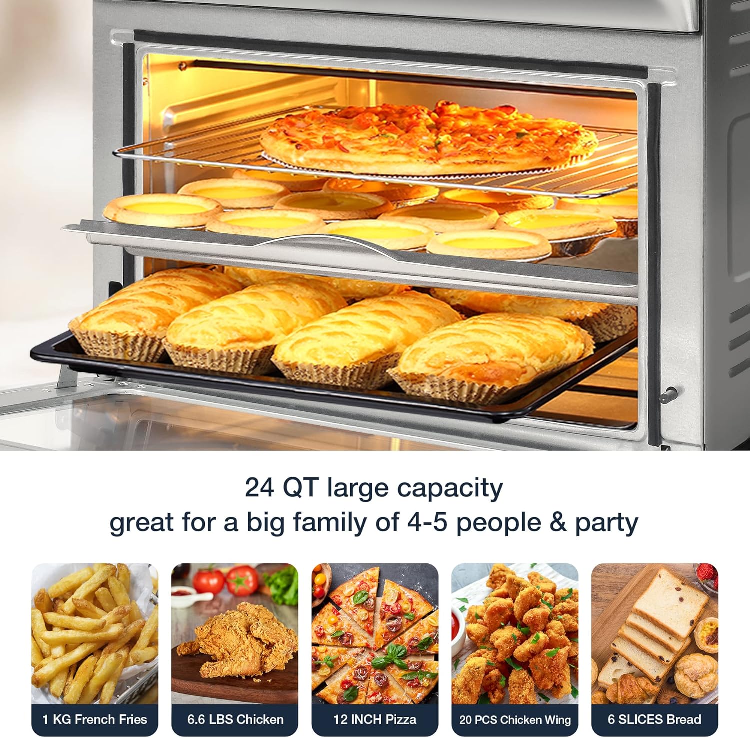 Air Fryer Ovens Countertop, Convection Toaster Oven with 10 Cooking Functions, 6-Slice Toast & 12-Inch Pizza Capacity, 6 Accessories for Rotisserie, Bake, Dehydrate, 24Quart