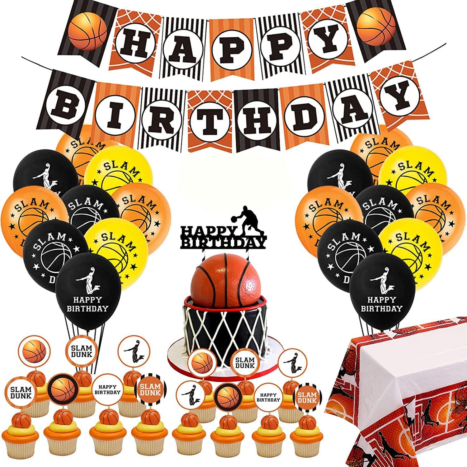 Basketball Party Decorations Supplies, Sports Theme Birthday Party Decor with Banner, Balloons, KB Cupcake Toppers, Table Cover, Slam Dunk for Kids, Baby Shower, Boys, Girls, Teenagers