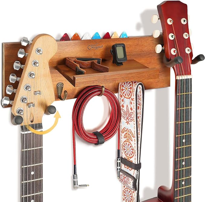 SNIGJAT Guitar Wall Mount with Rotatable Hook, Wood Guitar Hanger with Shelf and Pick Holder, Wall Stand Rack for Acoustic, Electric, Bass