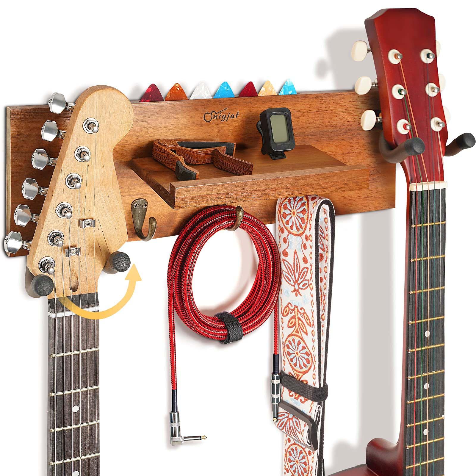 Soporte de pared para guitarra con 2 ganchos de goma giratorios, colgador de pared para guitarra de madera con estante y soporte para púas, soporte de pared para guitarra eléctrica acústica, bajo,