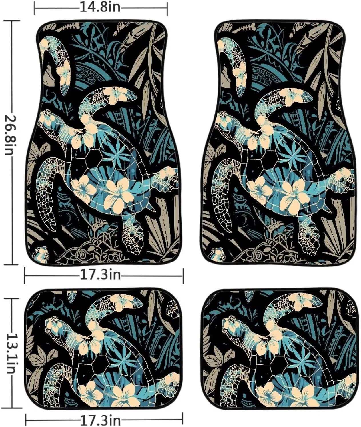 Sea Turtle Print Car Carpet Floor Mat Hawaii Hibiscus Floral 4 Piece Universal Fit Heavy Duty Rubber Tropical Flowers Non-Slip Floor Mats Heel Pad Fit Floor Carpet 2 Row