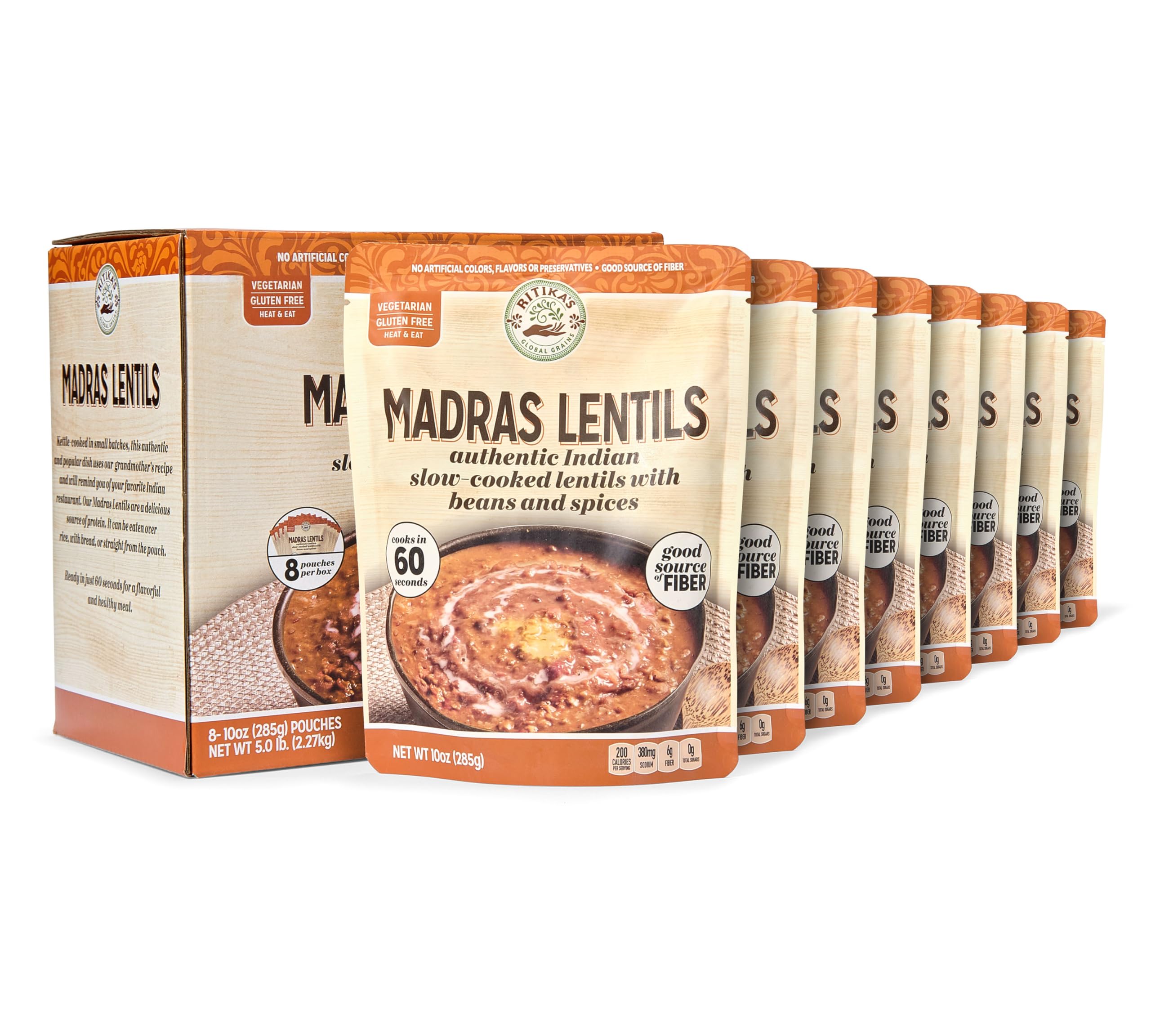 Ritika’s Global Grains Madras Lentils, Authentic Indian Slow-Cooked Lentils with Beans and Spices, Ready to Eat in 60 Seconds, Microwaveable 10 oz