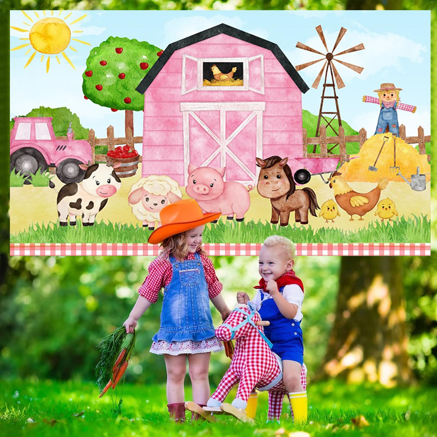 Rosa Bauernhof-Hintergrund 3x2,4 M – Cartoon-Tiere, Scheune, Für Babyparty, Geburtstag & Fotografie