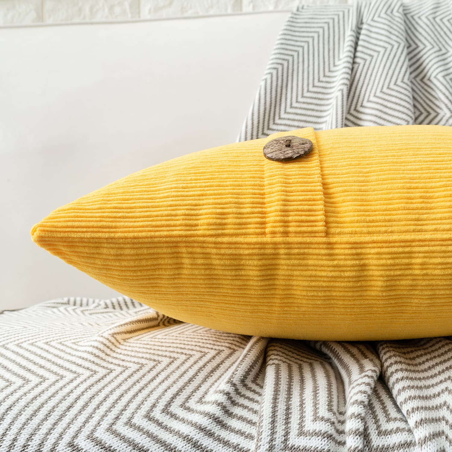 HWY 50 Yellow Chenille Cushion Covers 40cm x 40cm (16"x16") with Triple Buttons, Set of 2 - Image 3