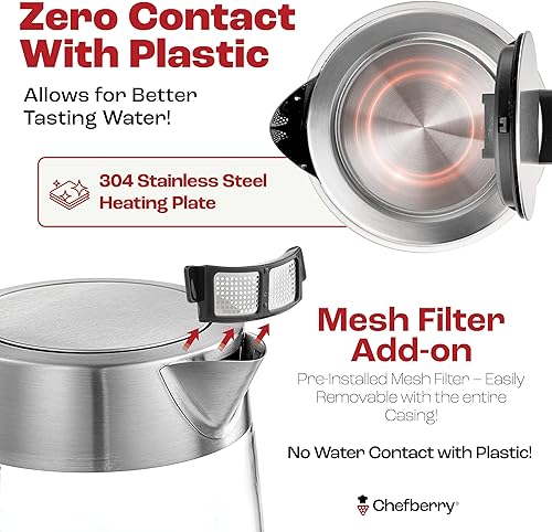 Miniatura 2 de Hervidor eléctrico para hervir té caliente y agua Caldera de vidrio de borosilicato de acero inoxidable de 1.8L sin plástico, apagado automático,