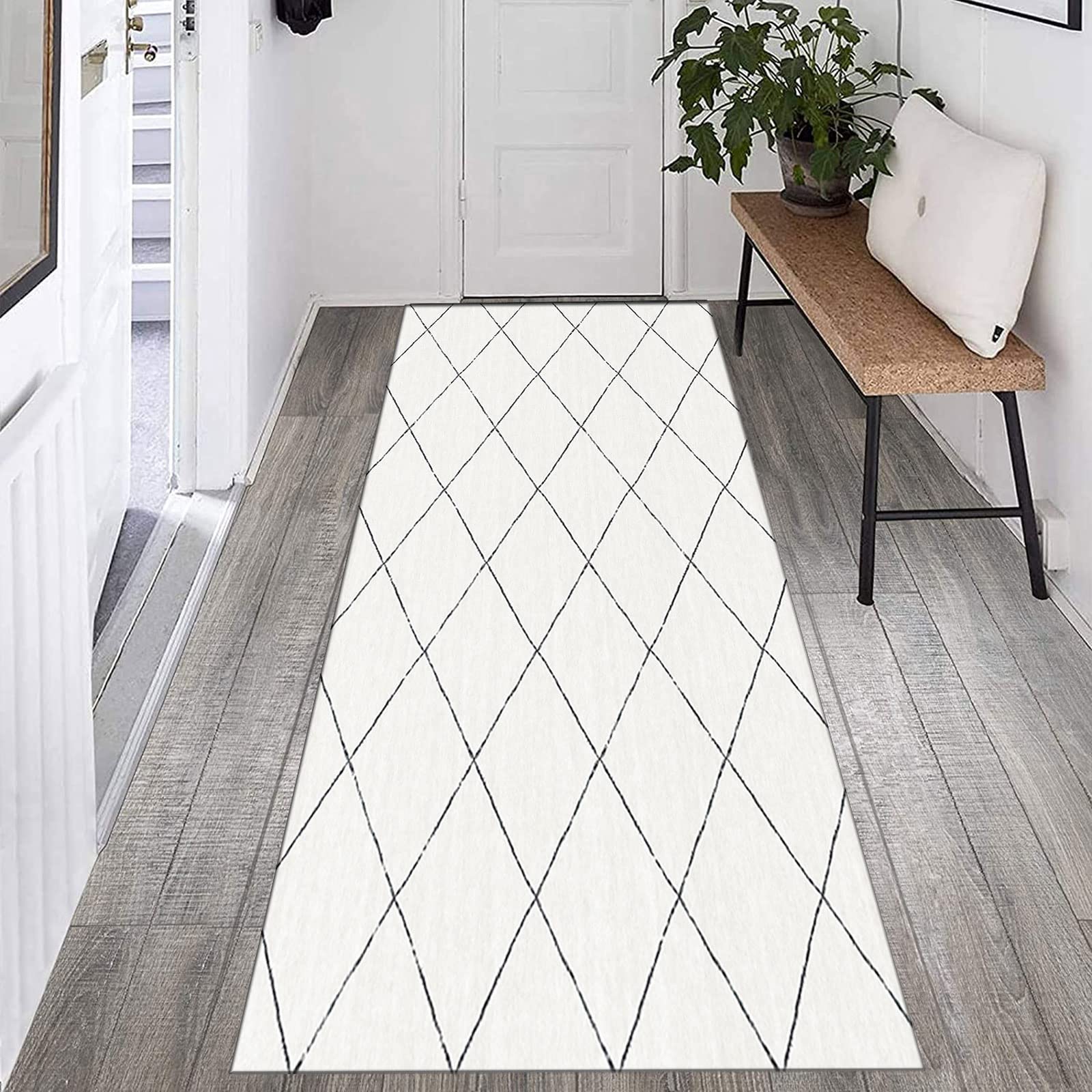 Läufer Teppich Flur Küche rutschfest Waschbar Modern Geometrisch Kariert Design Strapazierfähig Strukturiert Teppich Geeignet für Wohnzimmer und Eingangsbereich