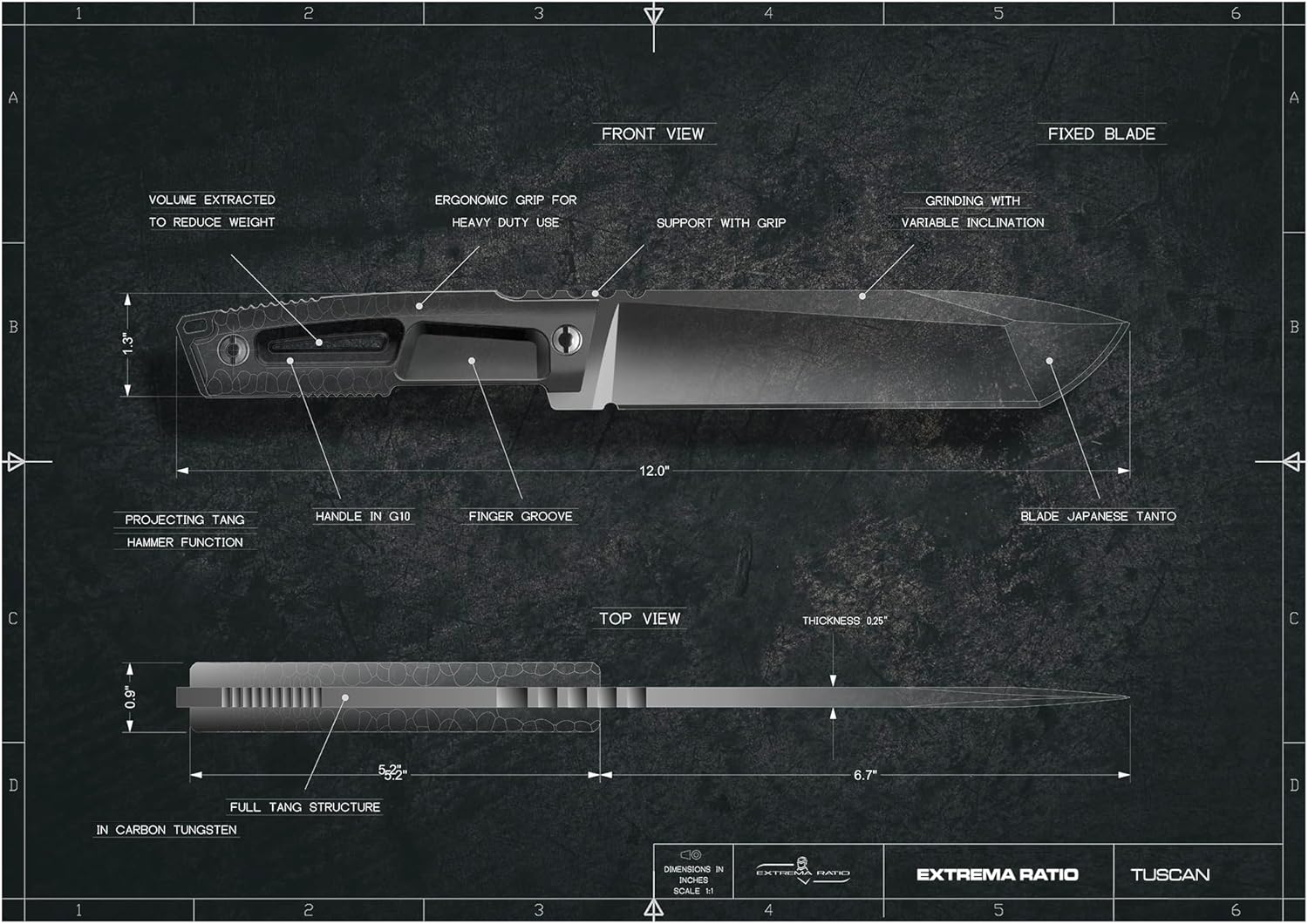 Extrema Ratio - Tuscan (Black) Fixed Blade Knife, Bohler N690 steel blade 3.5 mm thick, hardened to 58 HRC, satin finish blade, aluminum handle, made in Italy