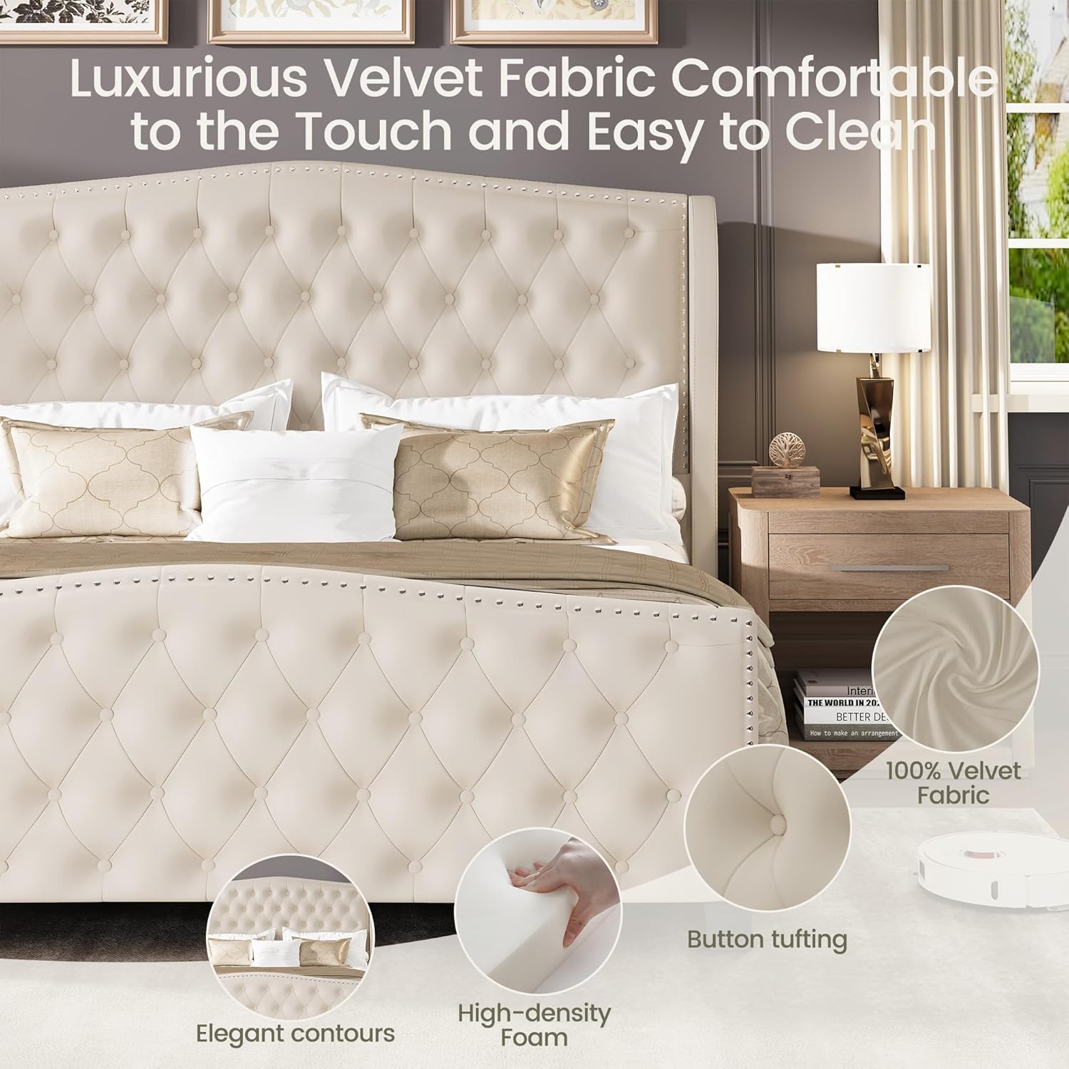LARMACE Queen Size Bed Frame Velvet Upholstered Platform Bed with Wingback Headboard & Footbaord, Deep Button Tufted Bed Frame with Wood Slats Support, No Box Spring Needed, Beige