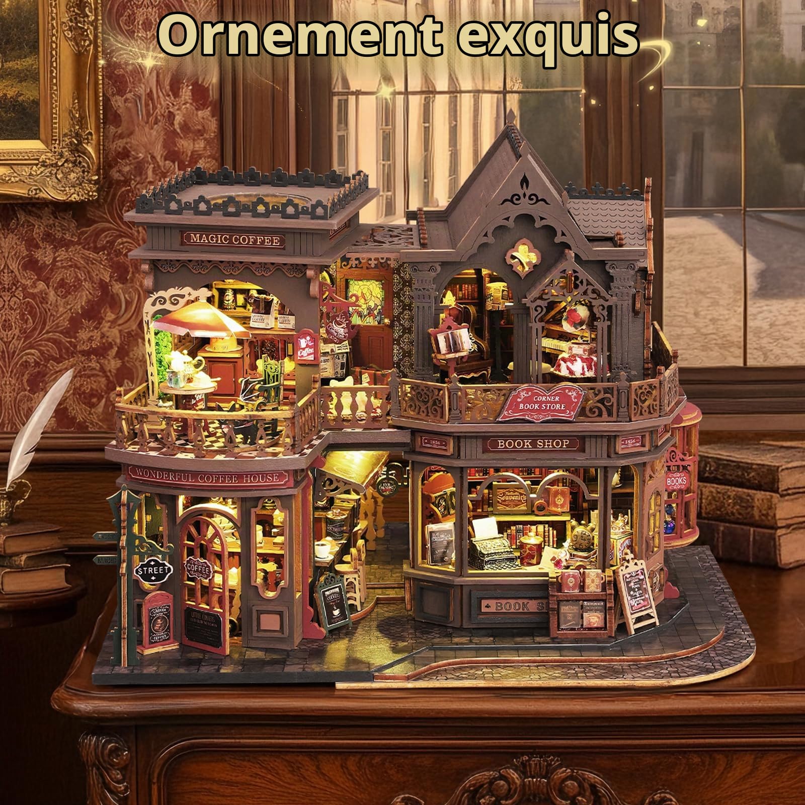 Cuteefun Maison de Poupées Miniature Magique avec LED -Librairie Magique | Kit Maison Miniature à Construire, Puzzle 3D en Bois, Loisirs Créatifs, Décoration Maison, Cadeau pour Anniversaires et Noël