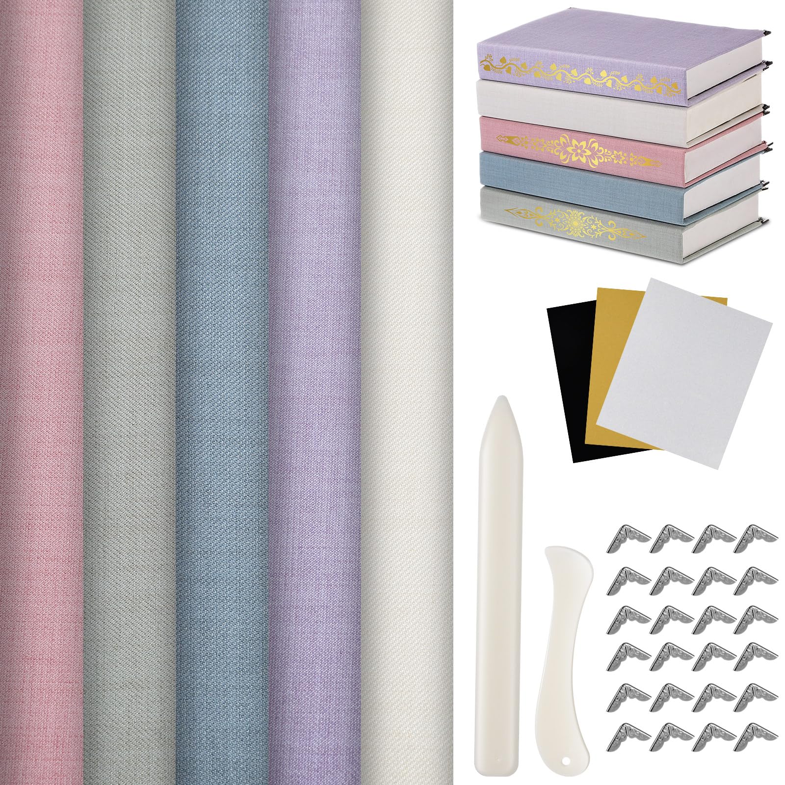 Humyoun Book Binding Cloth Kit, Includes 12''x16'' Bookcover Cloth Fabric 24 Decorative Corners 3 Iron on Vinyl Sheets Bone Folder Tools, Backing