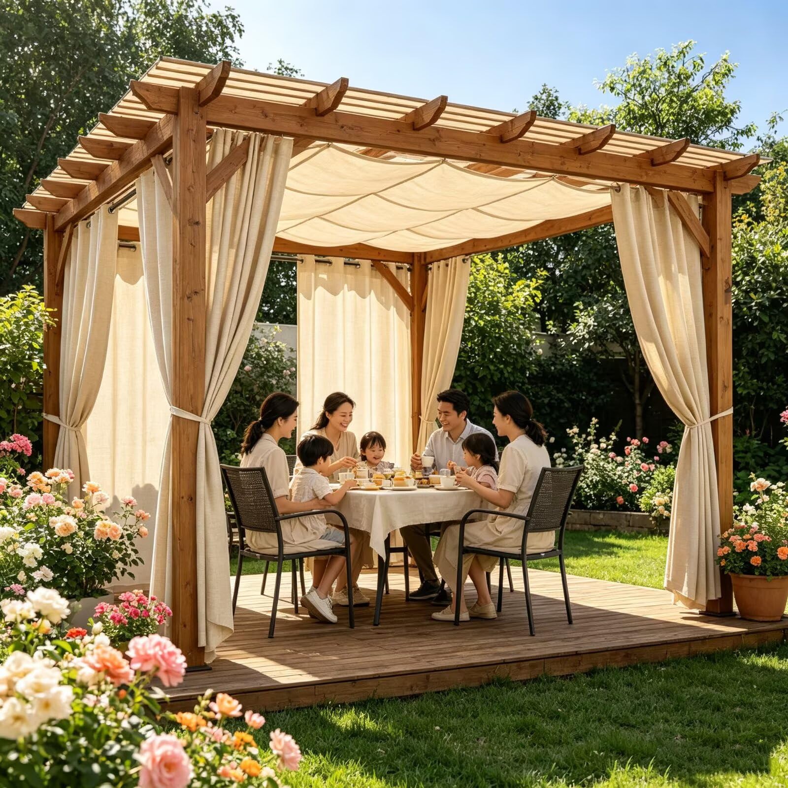 Pavillon Vorhang Outdoor wetterfest mit Ösen 210g/m² H213 x W381cm Beige | Reduziert UV-Strahlen und direkte Sonneneinstrahlung für mehr Schatten auf Balkon, Pergola oder Terrasse.