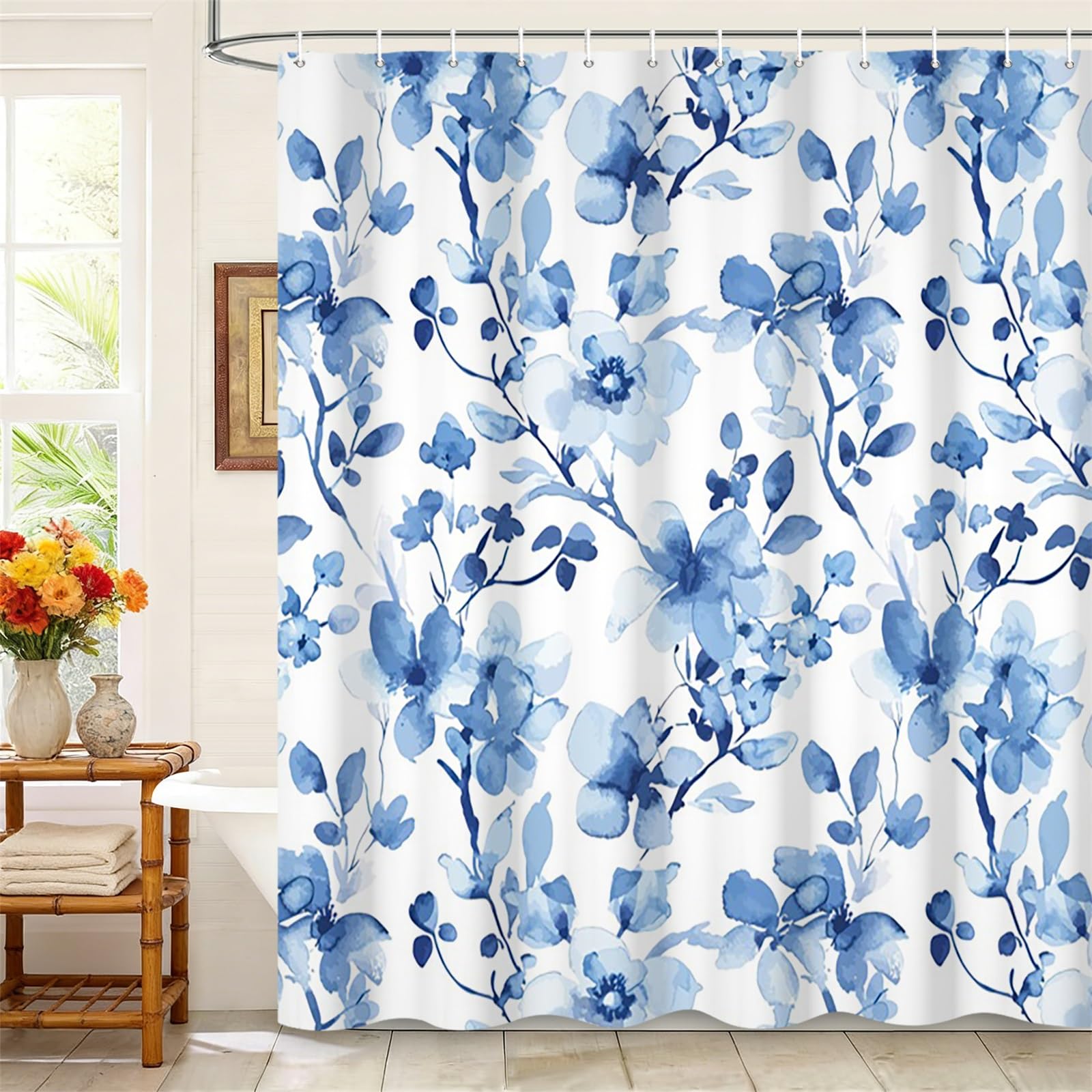 Kzzfqxb 183x213cm White Blue Floral Shower Curtains with Plastic Hooks, Leaves Petals Flowers Branches Modern Waterproof Water Resistant for Bath, Elegant Polyester Drape Fabric for Bathroom Bathtub