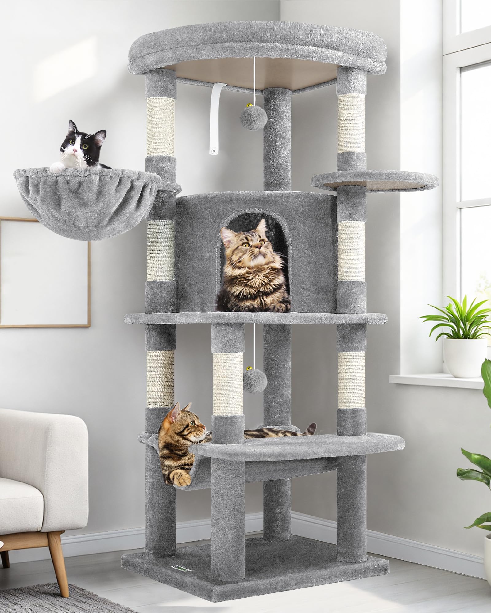 globlazer corner cat tree tower for indoor cats, 51in multi-level cat condo tower with large hammock, 7 sisal scratching posts, oversized top perch, spacious cat cave, hanging basket, c51, light gray