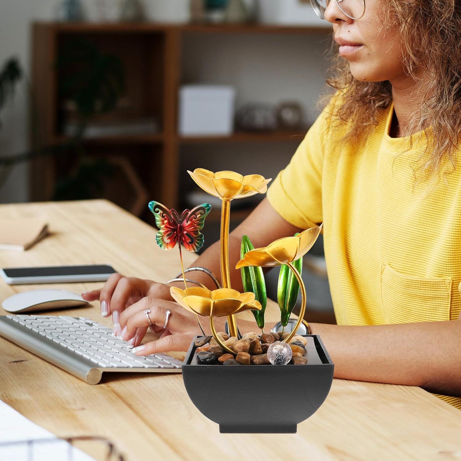 USB Powered Tabletop Water Fountain with Lotus Leaf Design Indoor Desktop Waterfall Ornament for Home Office Decor Craft with Soothing Sound and Finish