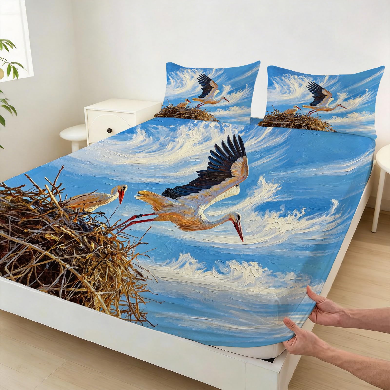 Sábana Bajera 160 x 200 Ajustable Cigüeña Blanca Aves Silvestres