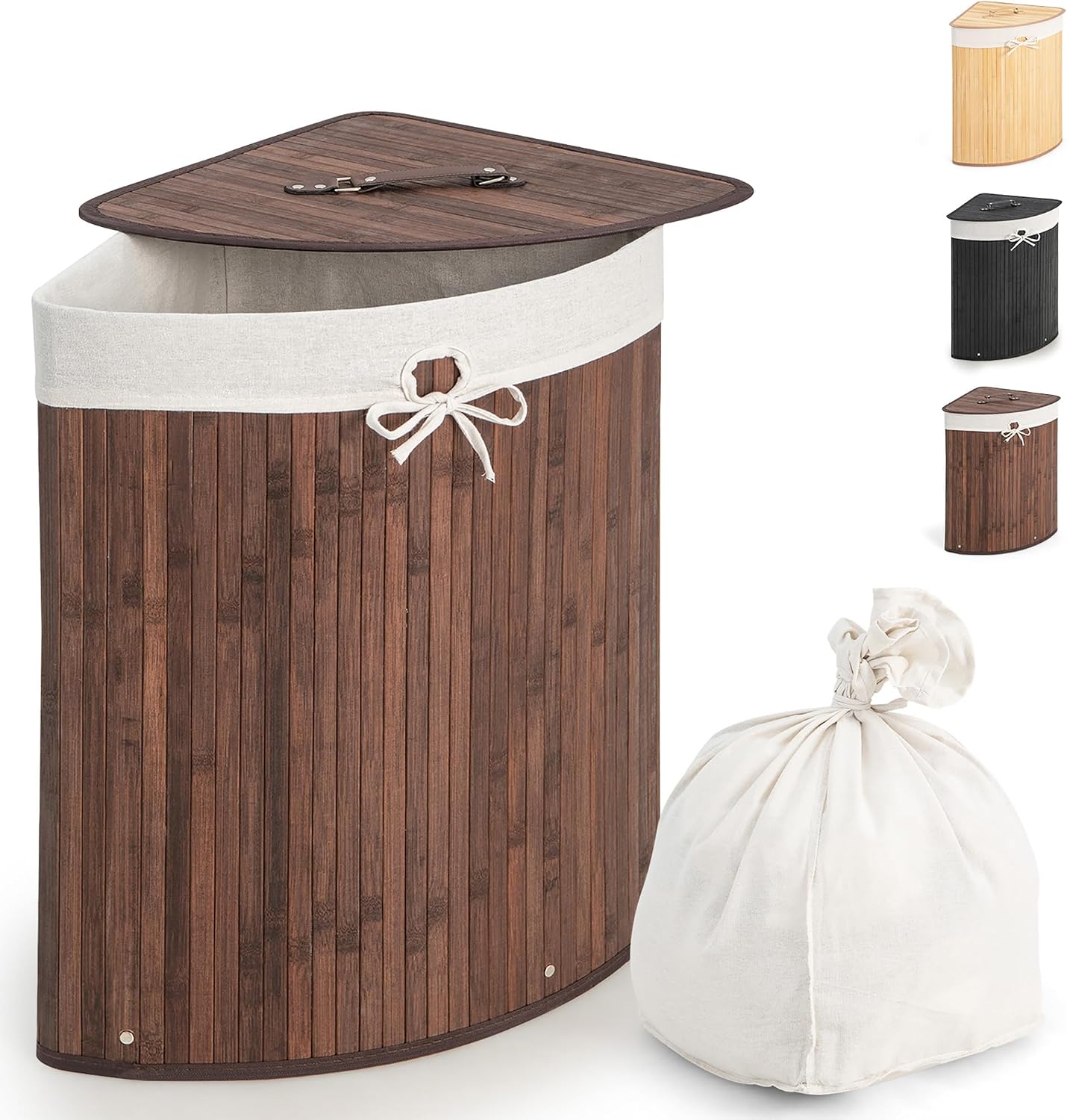 GOFLAME Corner Bamboo Laundry Hamper with Lid and Removable Liner, Washing Clothes Basket Storage Bin with Handle, Suitable for Bedroom, Bathroom, Laundry (Brown)
