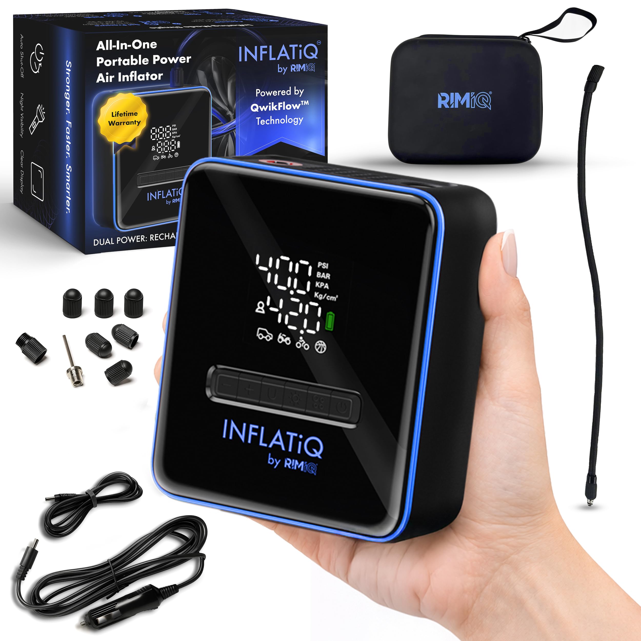 INFLATiQ by RIMiQ Tire Inflator B, potente e premiata tecnologia QWIKFlow con 2 opzioni di alimentazione portatili incluse, potente pompa ad aria per camion, auto, moto, biciclette, palloni e altro