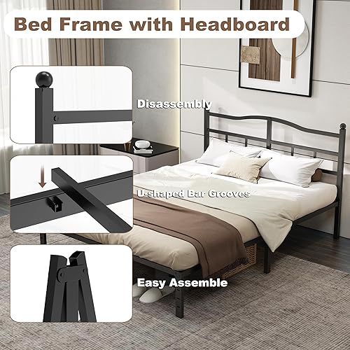 Miniatura 4 de Base de cama de tamaño matrimonial de 14 pulgadas con cabecero, base de cama resistente con almacenamiento, base de colchón de soporte fuerte, camas