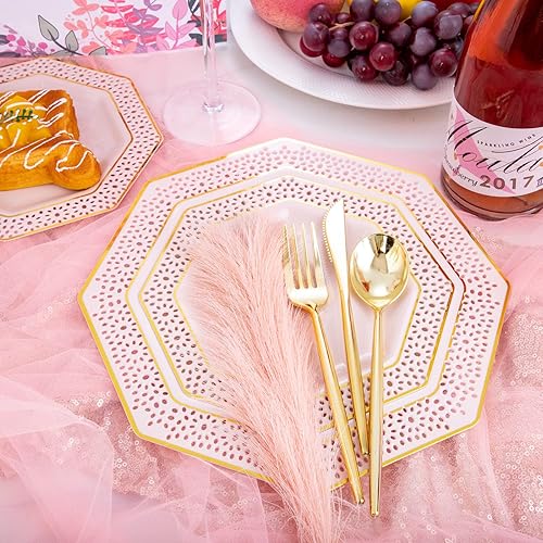 Miniatura 4 de Rubtlamp 125 platos de plástico rosa, cubiertos de plástico dorado resistente, platos rosa y dorado, juego de vajilla desechable de oro rosa incluye