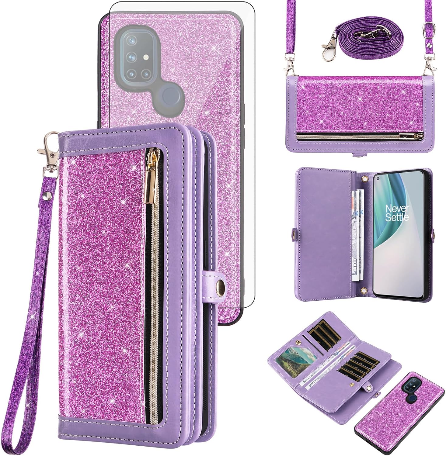 Asuwish Phone Case for OnePlus Nord N10 5G Zipper Wallet Detachable Cell Cover with Screen Protector Strap Bling Glitter Flip Card Holder One Plus N 10 G5 1 Plus 10N 1plus One+ 1+ N105G Women Pink
