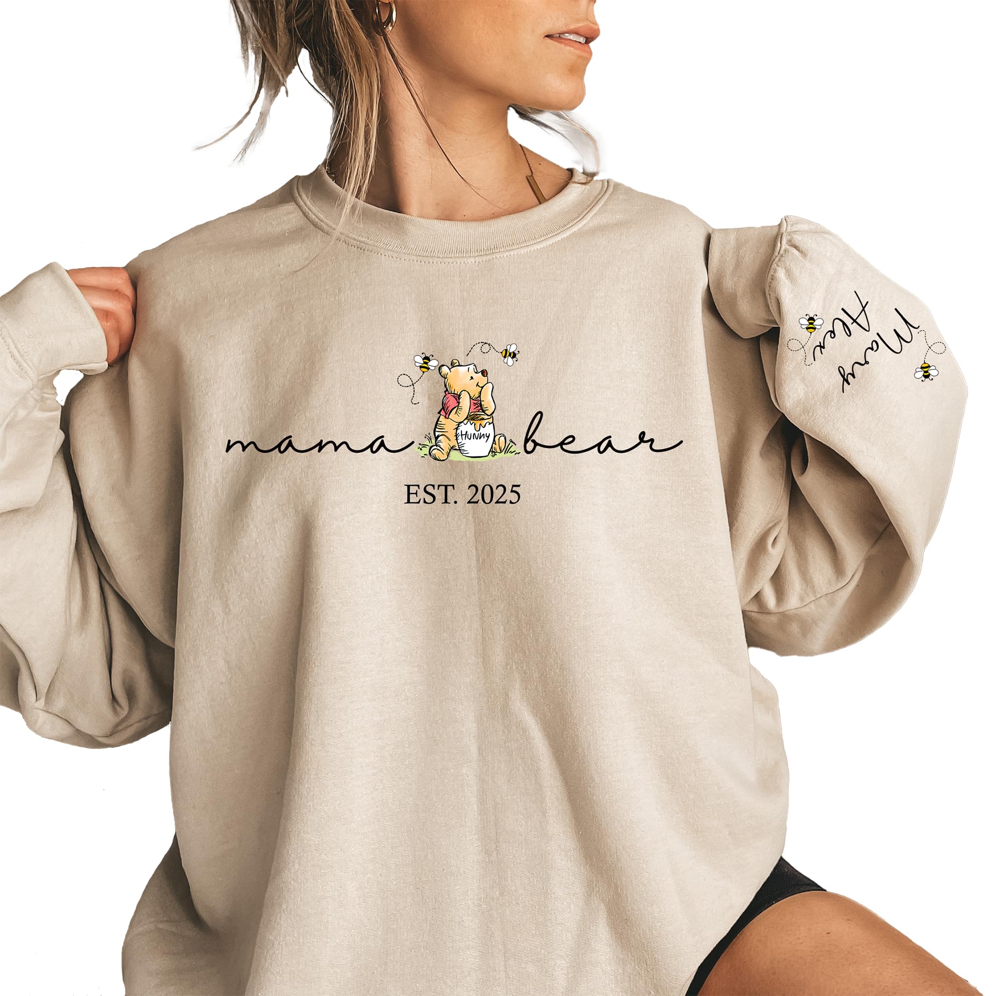 Personalized Mama Sweatshirt with Kid Name on Sleeve Custom Mama Bear Sweatshirt for Women Mothes Days Gifts for Mom for Mom Birthday
