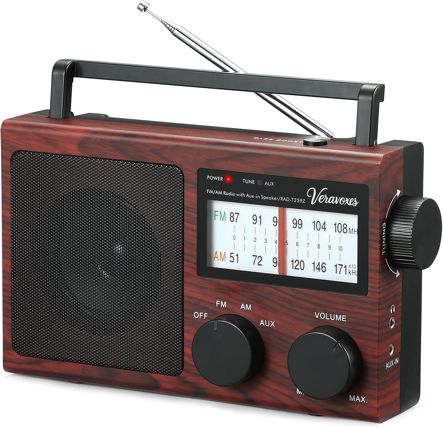 Portable AM/FM Radio with Bass Control, Equipped with a Built-in high-Power Speaker, Headphone Jack, and AUX Audio Input, Supports Battery or AC Power Operation (Red Oak Wood Grain)