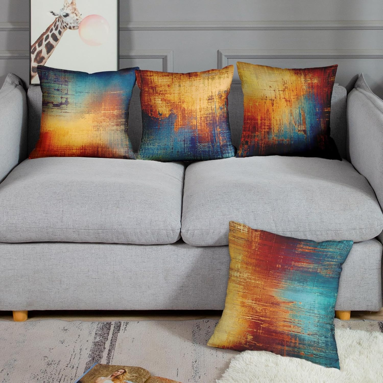 Emvency Set of 4 Throw Pillow Covers Vintage Abstract Blue and Orange Messy Rust Painting Decorative Pillow Cases Home Decor Standard Square 26x26 Inches Pillowcases