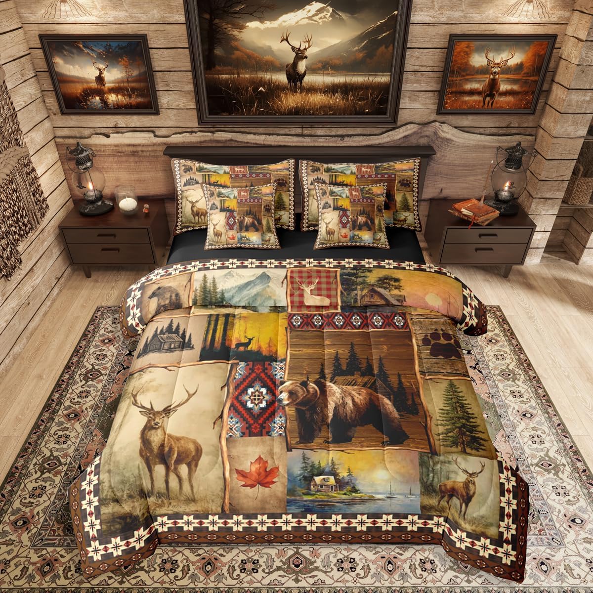 Erosebridal Hunting and Fishing King Size Bedding Set 7 Pcs, Rustic Bear Deer Elk Moose Comforter Set with Sheets, Brown Tribal Buffalo Plaid Bed in A Bag, Southwestern Native Patchwork Bed Sets
