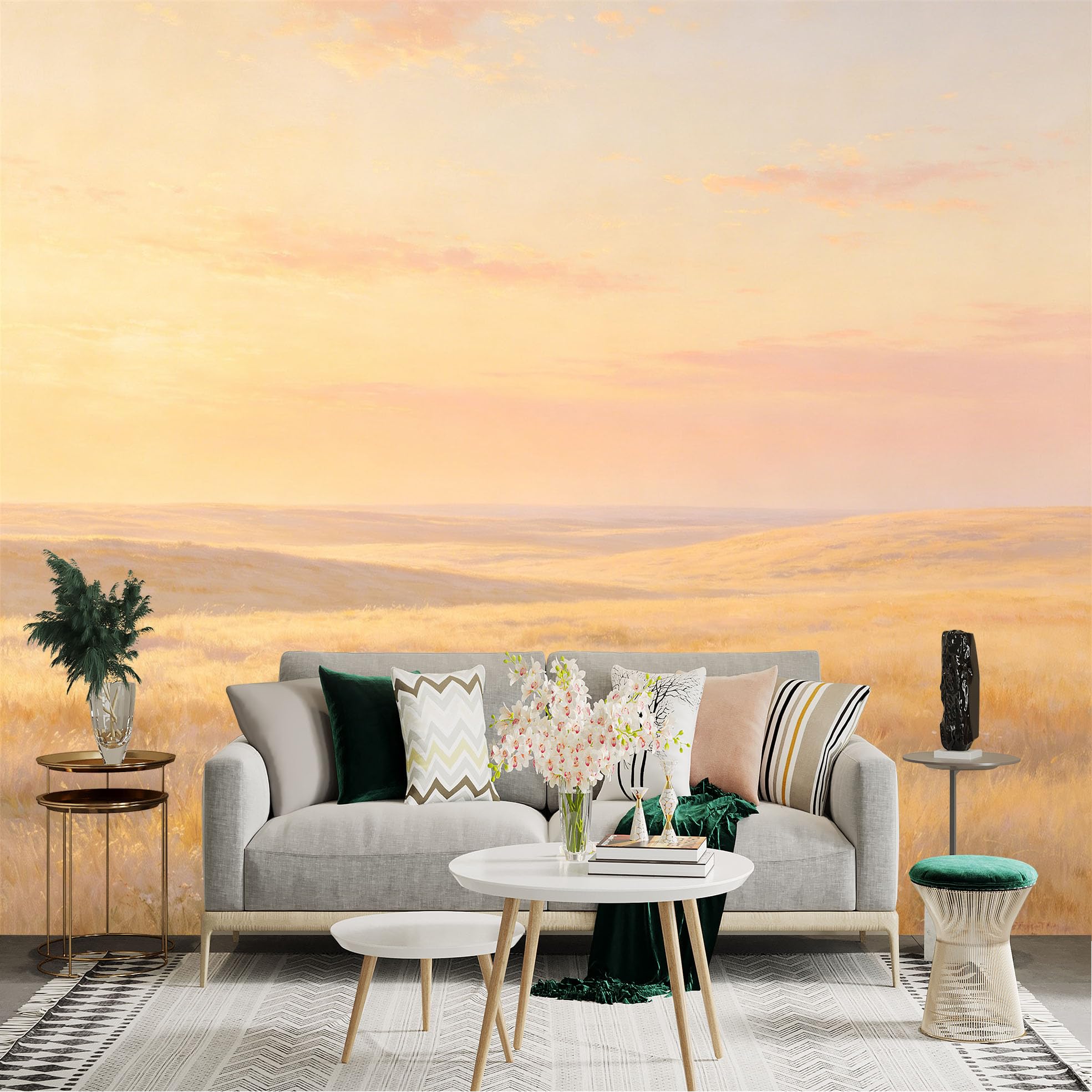 Lnzczhyre Dbh260521612 Custom Size Wall Sticker Mural， Golden Sunset Over Vast Prairie， Warm Meadow Landscape， Serene Horizon View， For Wall Decoration， Peelandstick Wall Decals.