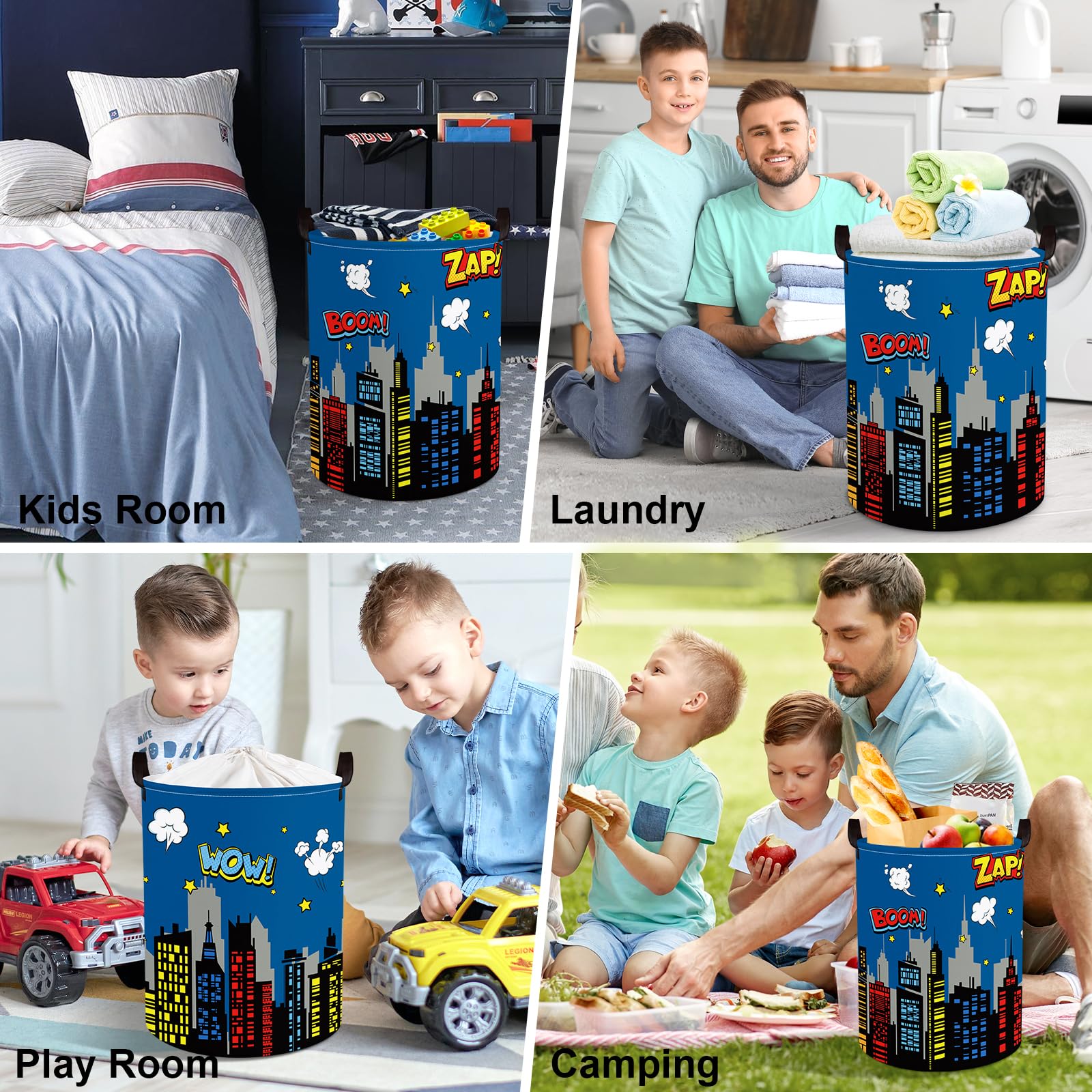Clastyle Ceste Biancheria Bambini Città Skyline Blu con Coperchio per Ragazzo Ragazza Cestino Portaoggetti Giocattoli Pieghevole Vestiti Giocattolo con Manici per Bagno Cameretta, Skyline, 36x45 cm