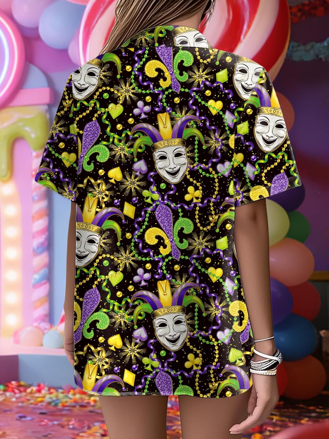 Mardi Shirts for Women Carnival Fat Tuesday Button Down T-Shirt New Orleans Party Gift Short Sleeve Tee Tops - Image 5