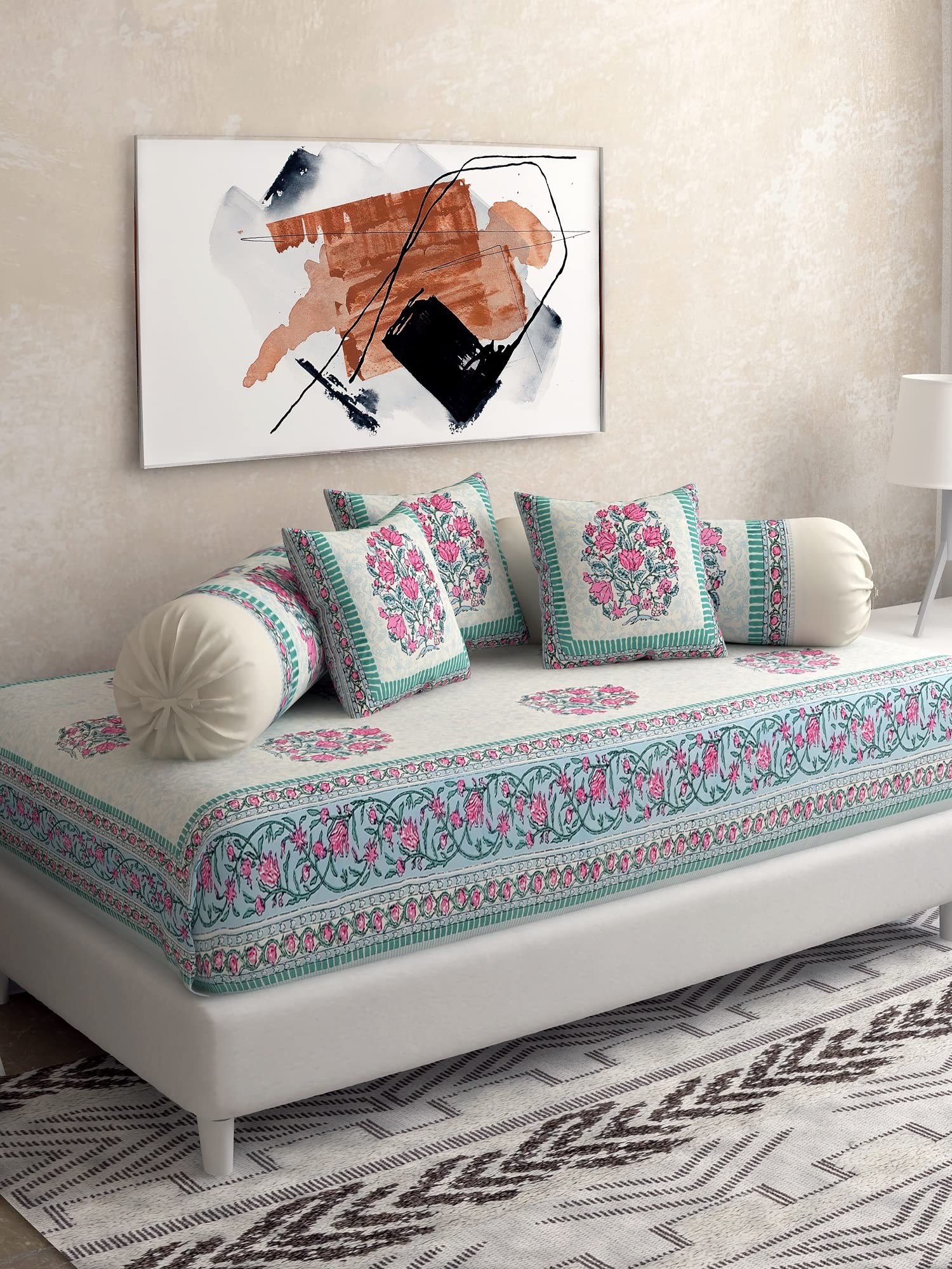 Buy Salona Bichona Cotton Jaipuri 120 TC Diwan Set (White) Set of 6