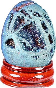Titanium Coated Crystal Stone Egg Figurines with Wooden Base, Angel Aura Quartz Crystal Druzy Agate Geode Specimen, Light Blue
