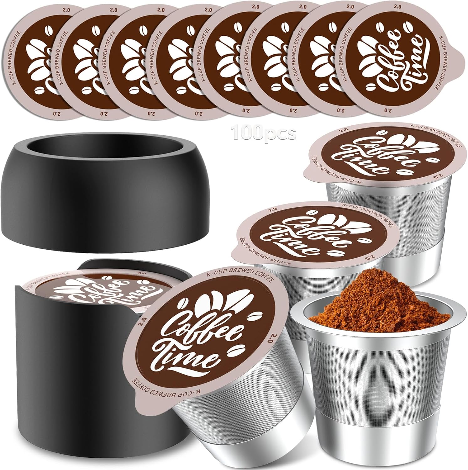 Reusable Capsule Kit, Reusable coffee pods with 100 Pcs Aluminum Foil Seal Lids,1 Holder,4 stainless steel k cups,Universal stainless steel k Cups for Keurig 2.0 and 1.0 Coffee Makers